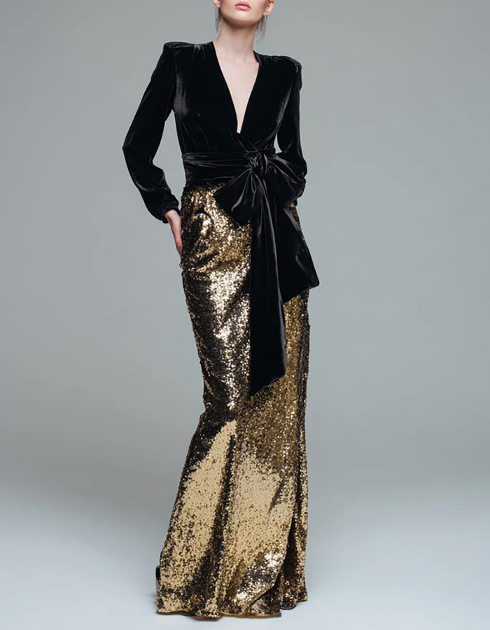 Shiny Black And Gold Sequined Long-sleeved Bow Maxi Dress