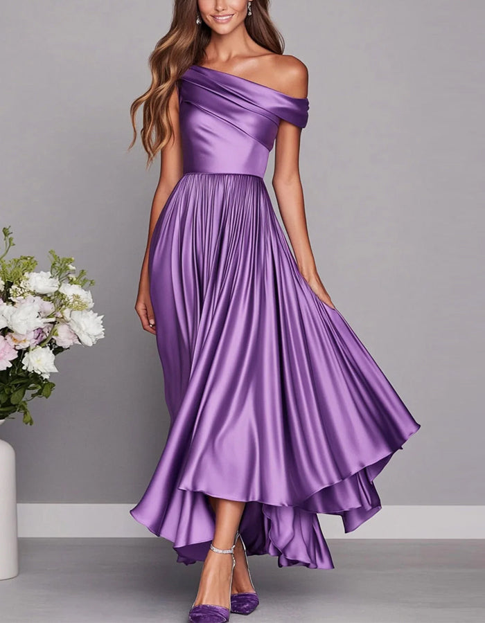 Lilac One-shoulder Satin Midi Dress