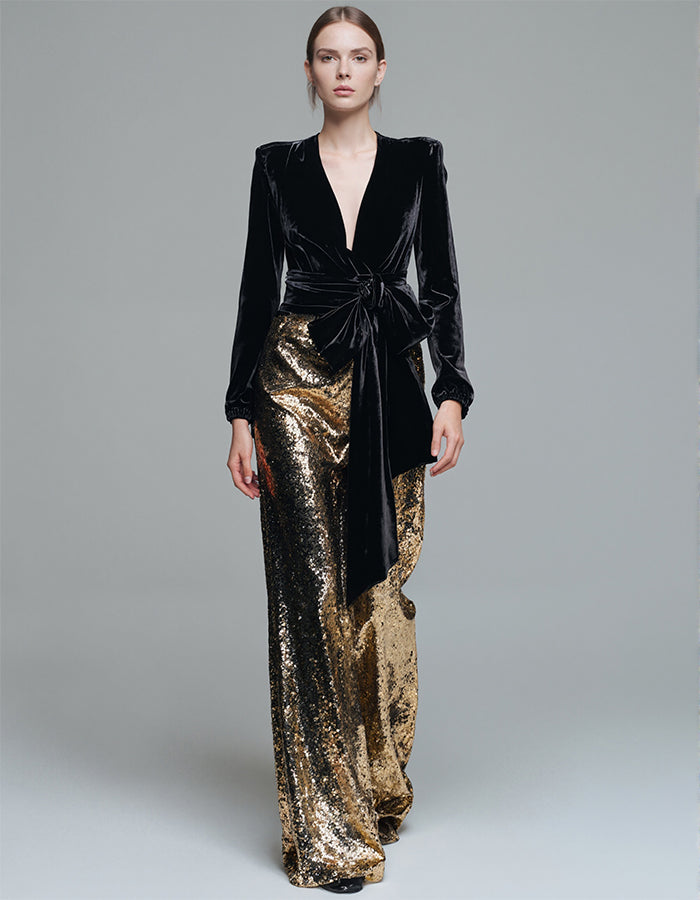 Shiny Black And Gold Sequined Long-sleeved Bow Maxi Dress