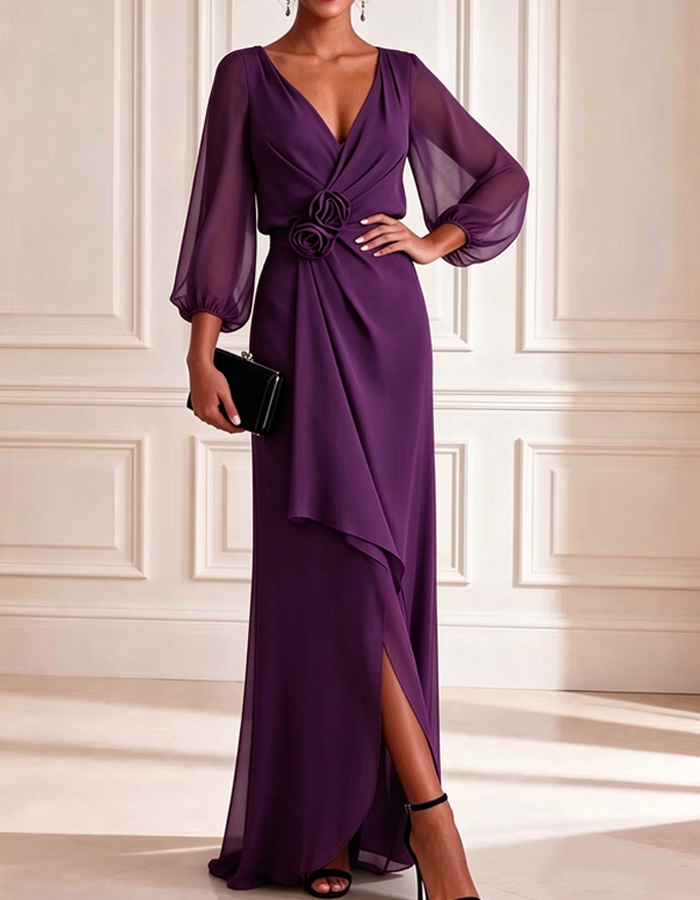 Sage green chiffon V-neck puff sleeve Maxi Dress