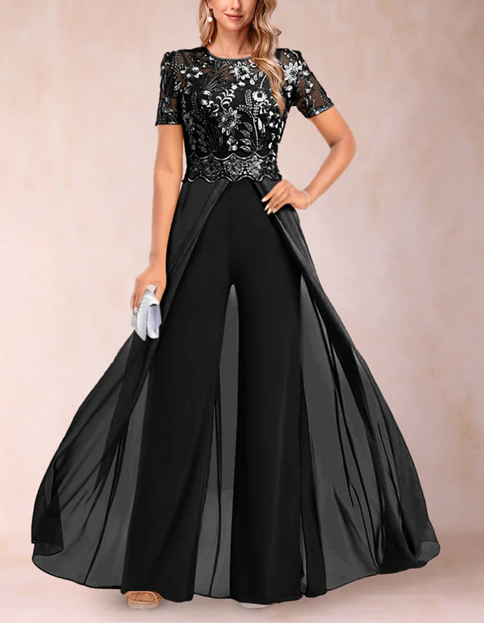 A-line Round Neck Short-sleeved Lace Jumpsuit