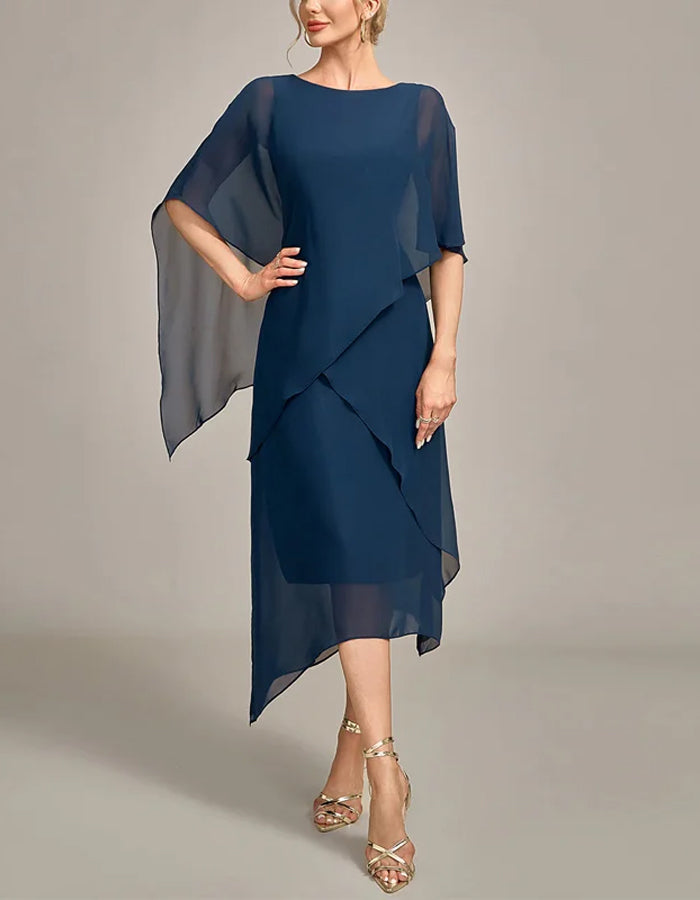 Vestido midi de chifón azul oscuro con cuello redondo