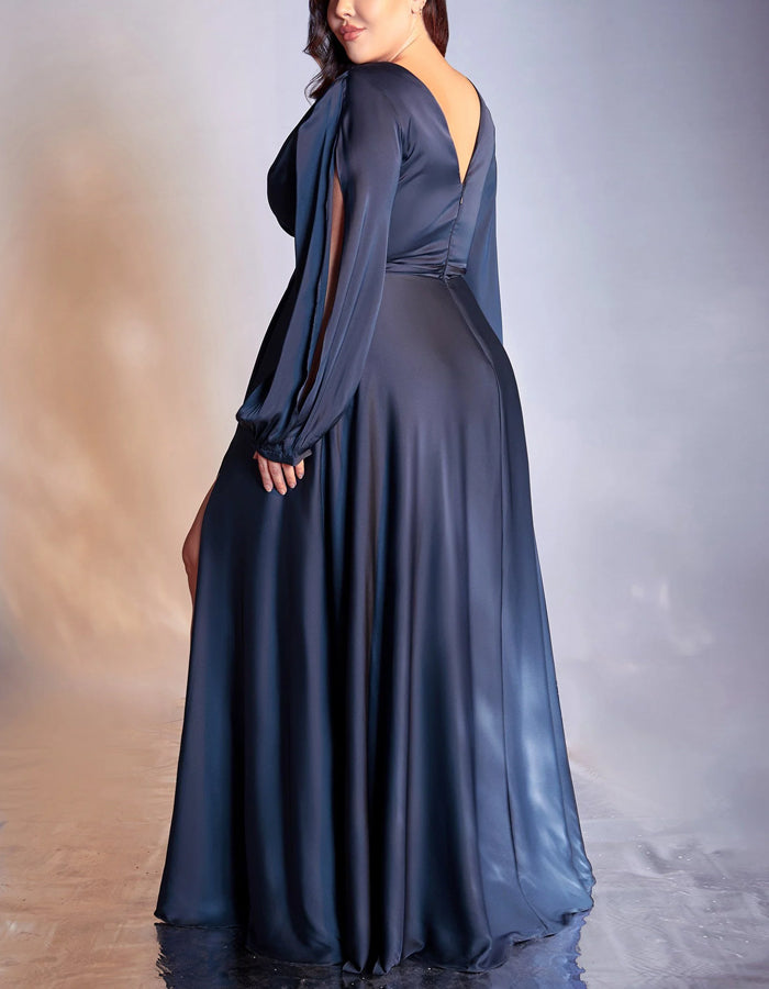 Vestido Maxi de Satén de Manga Larga con Cuello en V de Color Sólido