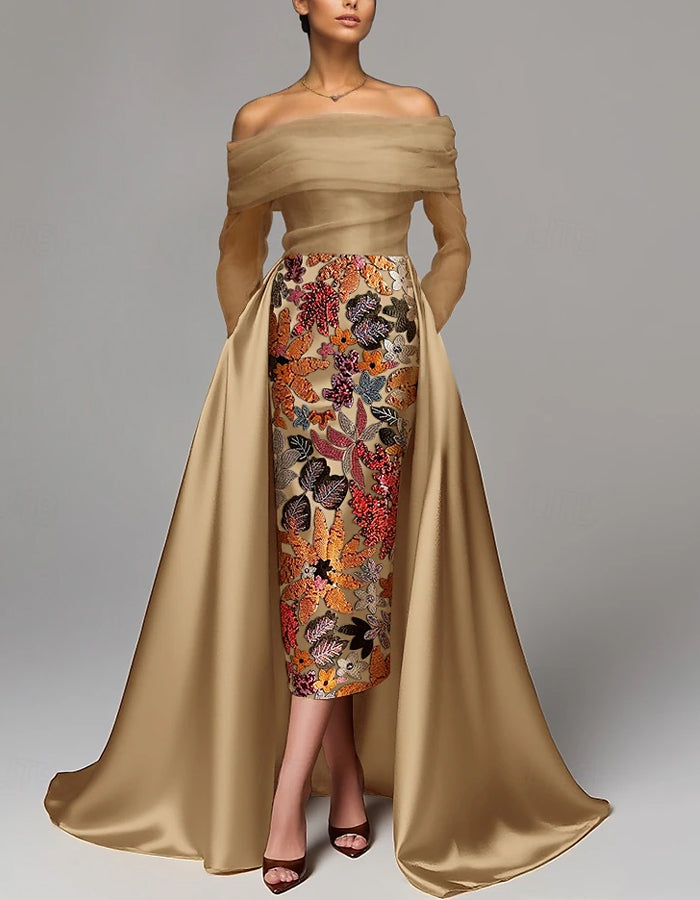 A-line Long Sleeve Off The Shoulder Satin Slit Embroidered Sequins Maxi Dress