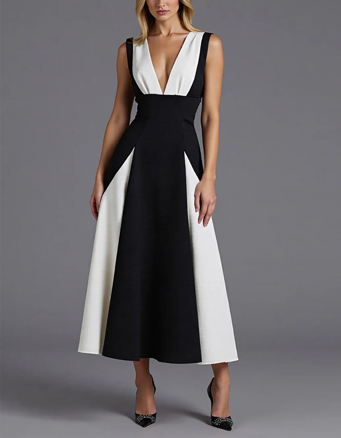Black And White V-neck Sleeveless Midi Dress