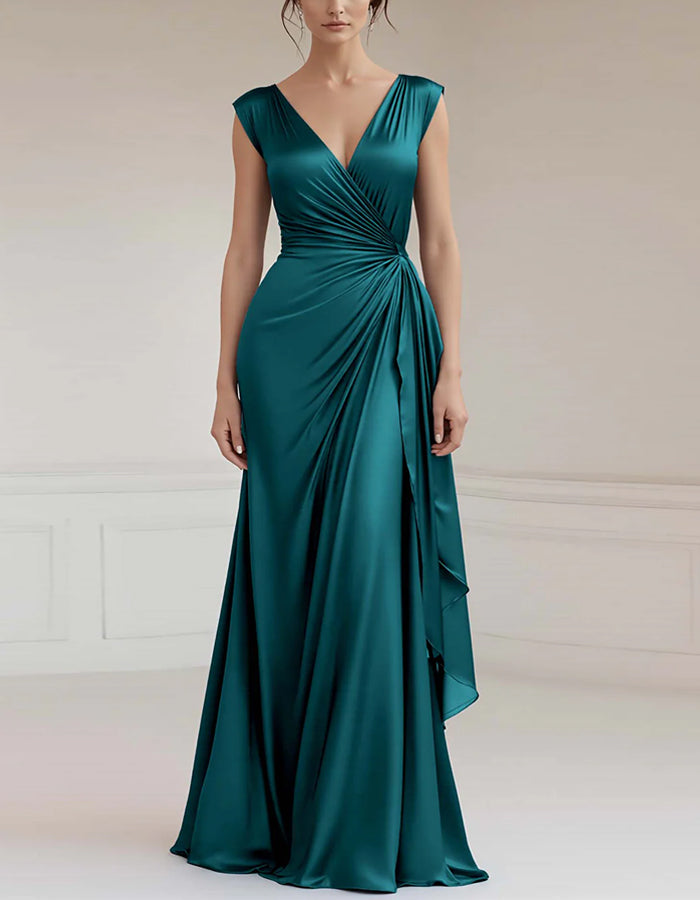 Solid Color V-neck Tight Satin Ruffles Maxi Dress