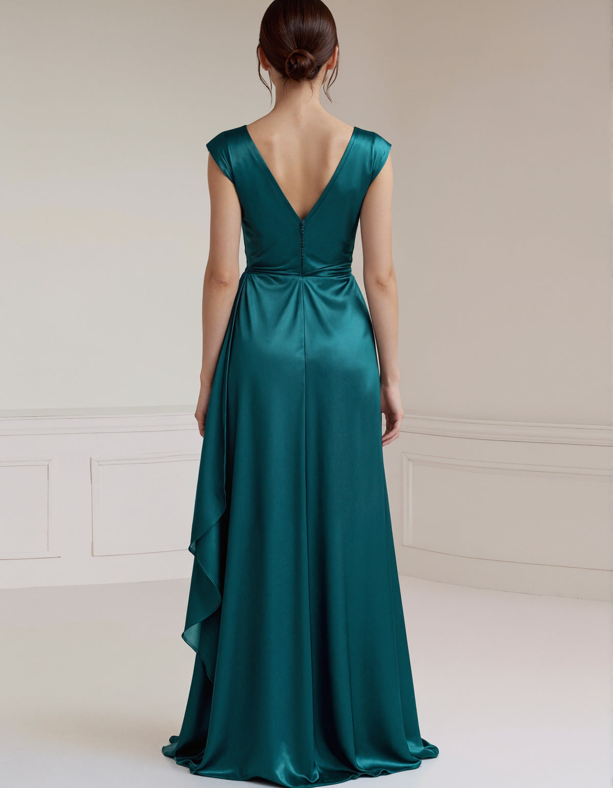 Solid Color V-neck Tight Satin Ruffles Maxi Dress