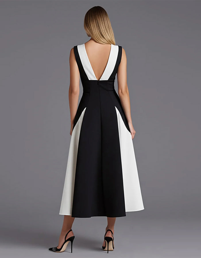 Black And White V-neck Sleeveless Midi Dress