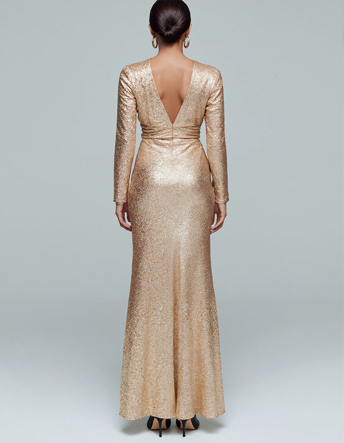 Gold Sparkling Sequin V-Neck Long Sleeve Holiday Party Maxi Dress