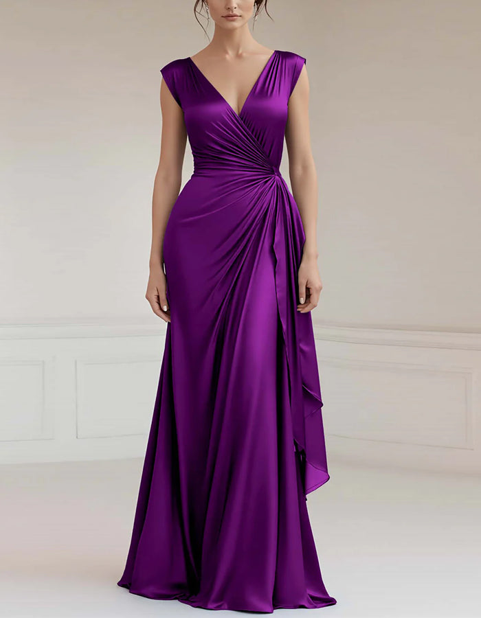 Solid Color V-neck Tight Satin Ruffles Maxi Dress