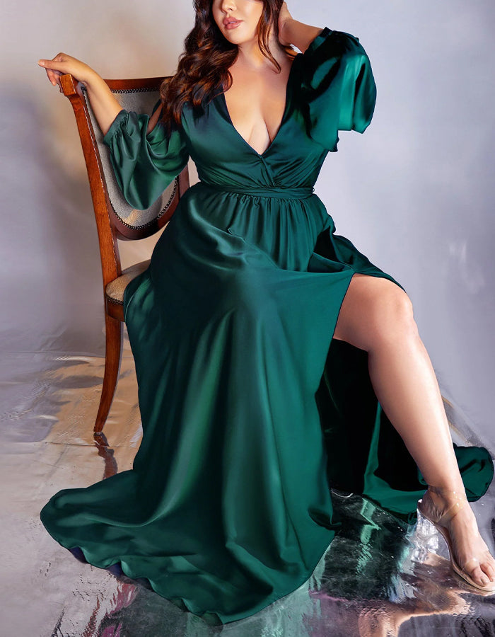 Solid Color V-neck Satin Long Sleeves Maxi Dress