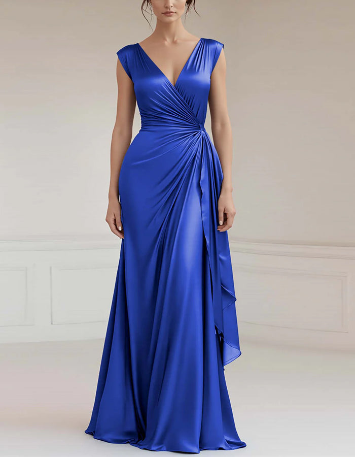 Solid Color V-neck Tight Satin Ruffles Maxi Dress