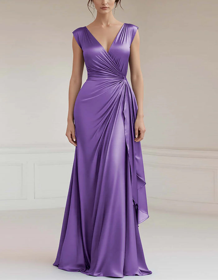 Solid Color V-neck Tight Satin Ruffles Maxi Dress