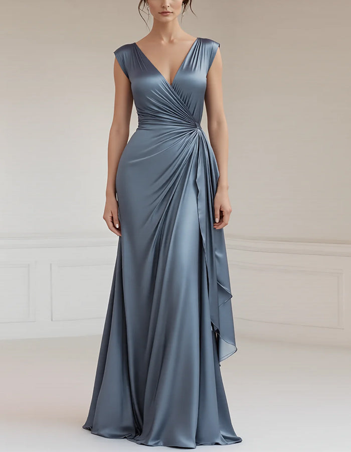 Solid Color V-neck Tight Satin Ruffles Maxi Dress