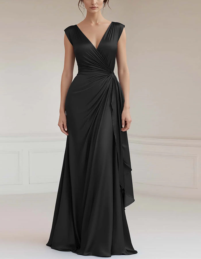 Solid Color V-neck Tight Satin Ruffles Maxi Dress