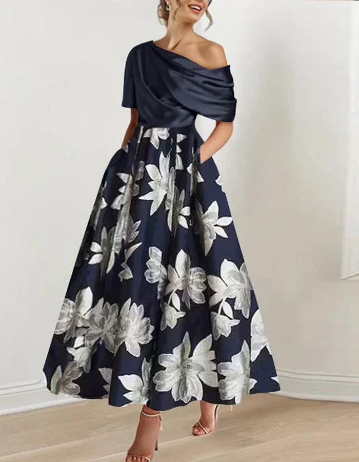 Vestido Midi Retro de Hombros Descubiertos con Estampado de Color Sólido y Costuras