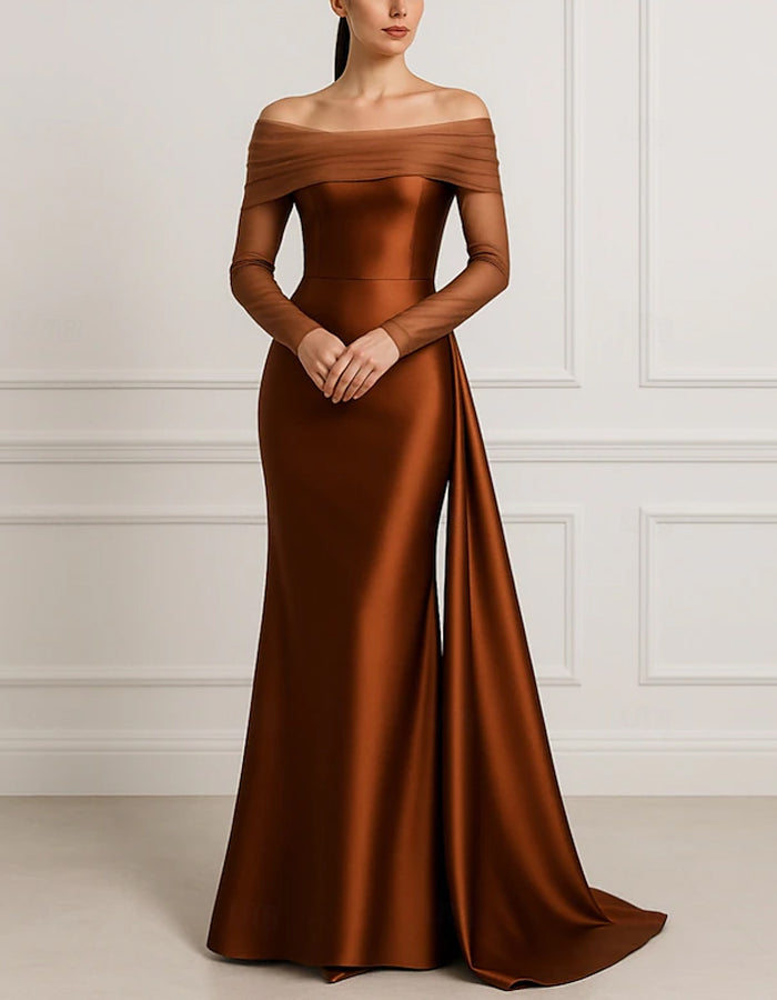 Solid Satin Off The Shoulder Bodycon Maxi Dress