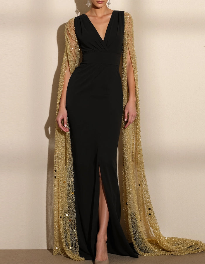Vestido maxi negro ajustado con cuello en V estilo chal