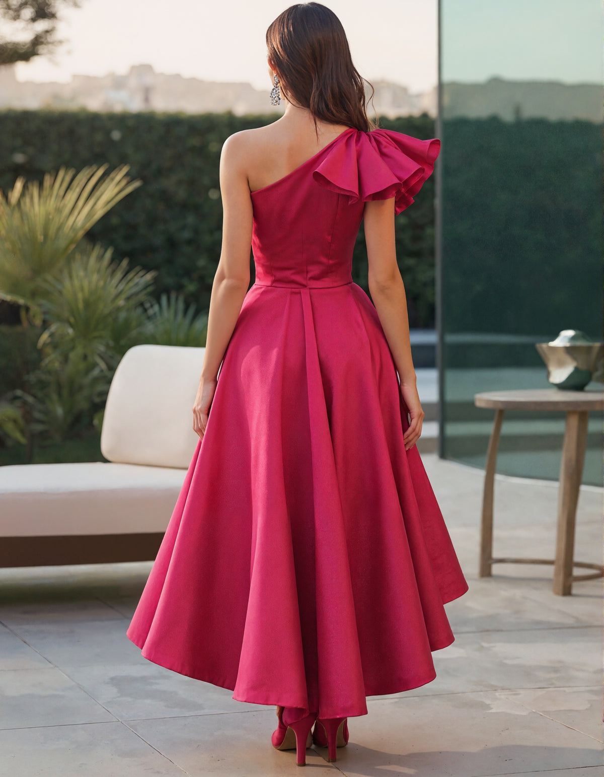 Solid One Shoulder A-line Satin Midi Dress
