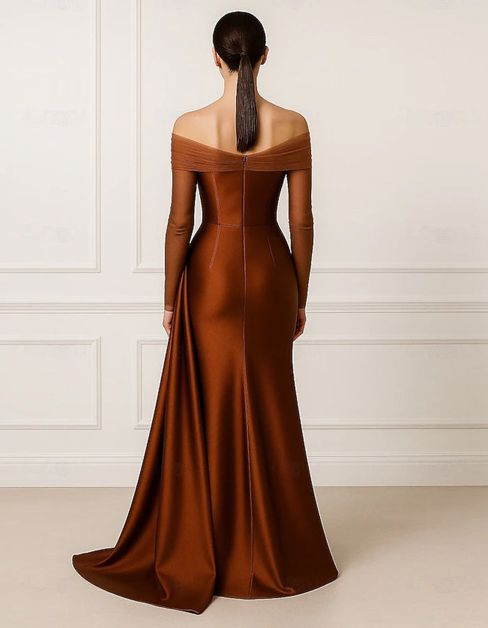 Solid Satin Off The Shoulder Bodycon Maxi Dress