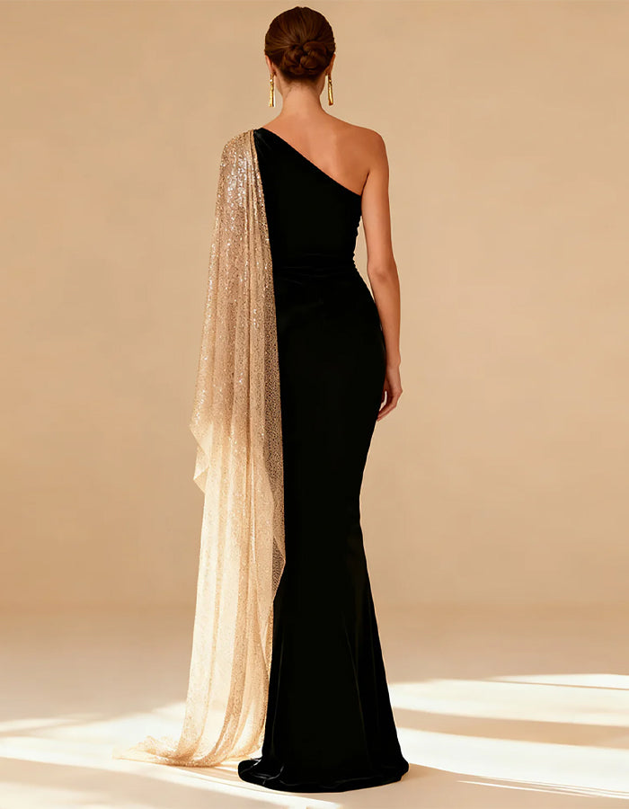 Black Shiny Fish One-shoulder Slit Maxi Dress