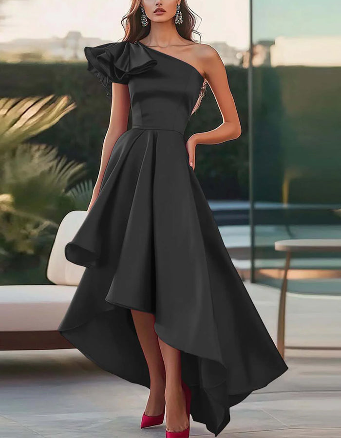 Solid One Shoulder A-line Satin Midi Dress