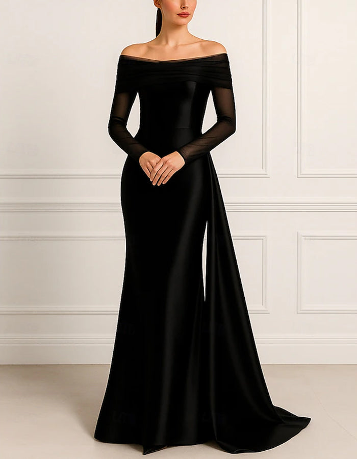 Solid Satin Off The Shoulder Bodycon Maxi Dress