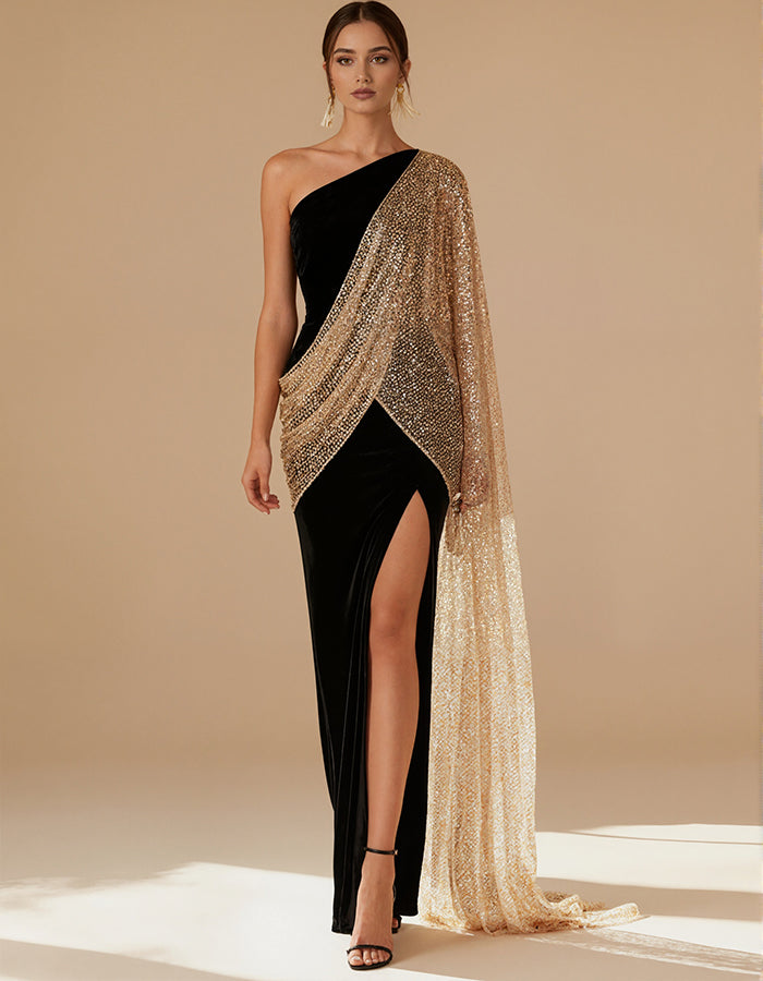Black Shiny Fish One-shoulder Slit Maxi Dress