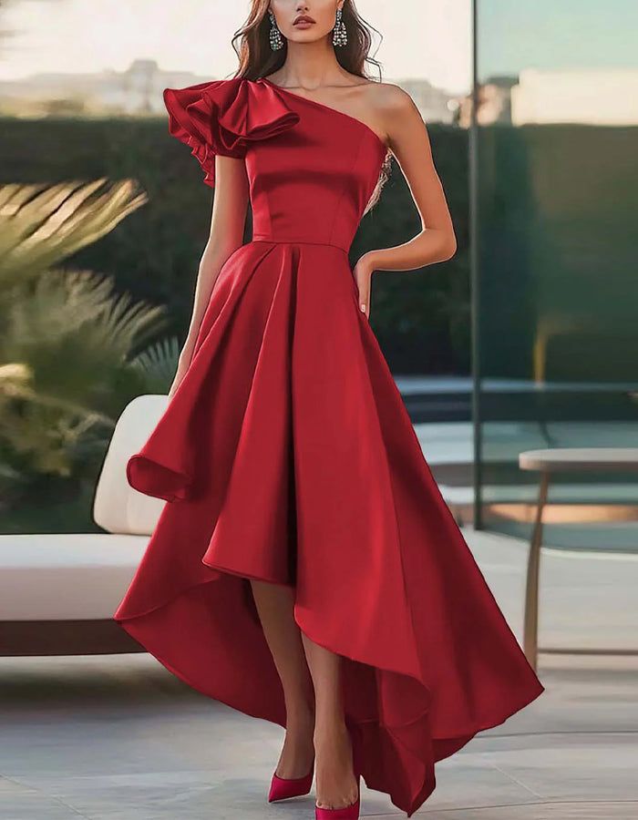 Solid One Shoulder A-line Satin Midi Dress