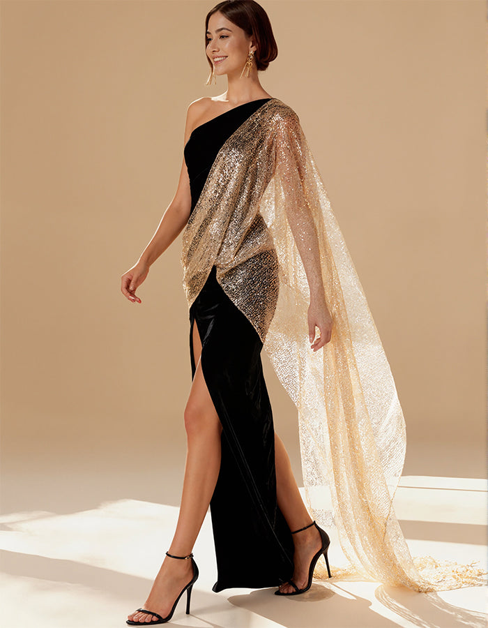 Black Shiny Fish One-shoulder Slit Maxi Dress
