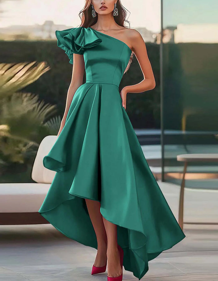 Solid One Shoulder A-line Satin Midi Dress