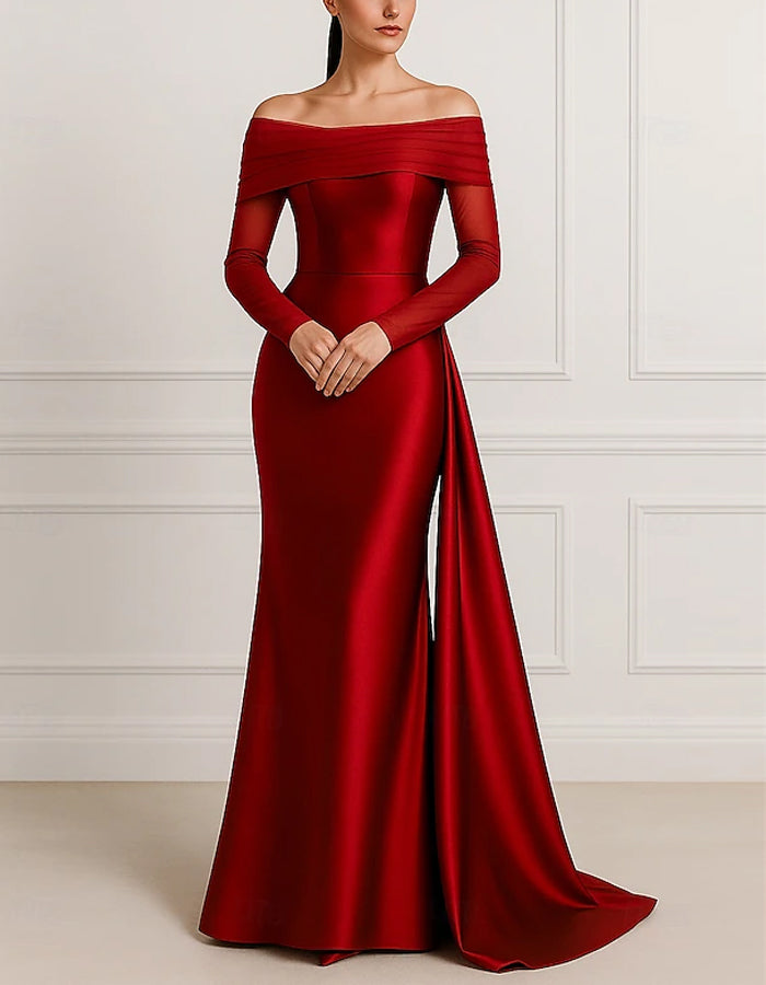 Solid Satin Off The Shoulder Bodycon Maxi Dress