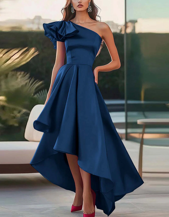 Solid One Shoulder A-line Satin Midi Dress
