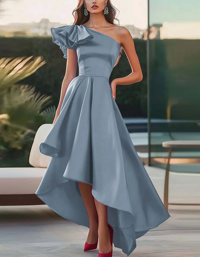Solid One Shoulder A-line Satin Midi Dress