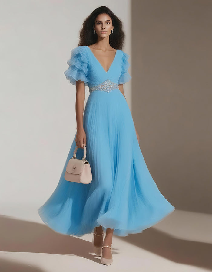 Chiffon Solid Color Lotus Leaf Sleeves Midi Dress