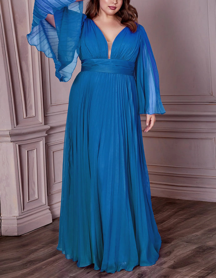 Solid Color V-neck Pleated Flared Sleeves Maxi Dress