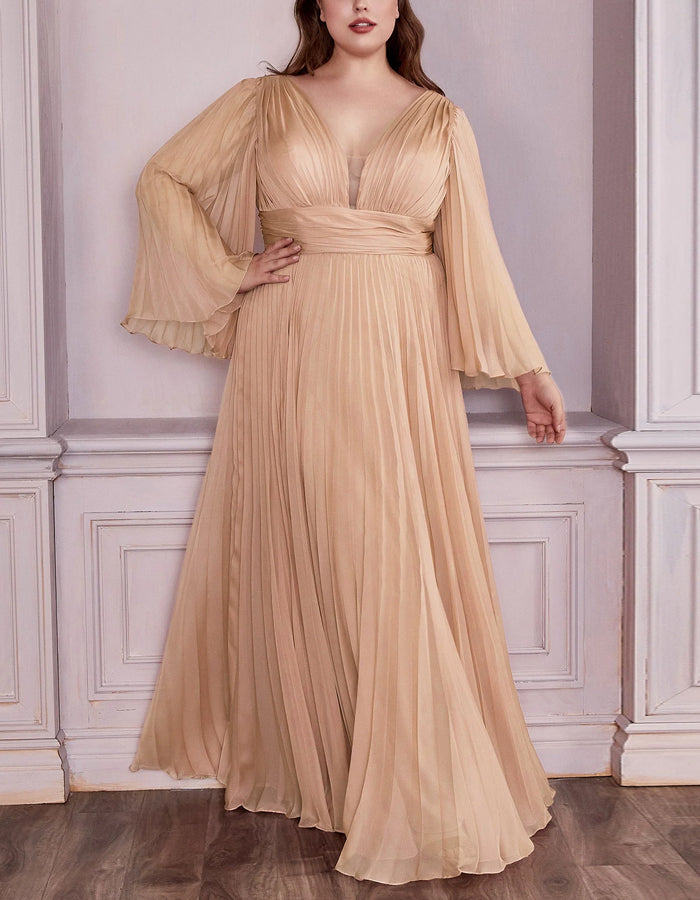 Vestido largo de cuello de pico, color liso, con pliegues y mangas acampanadas