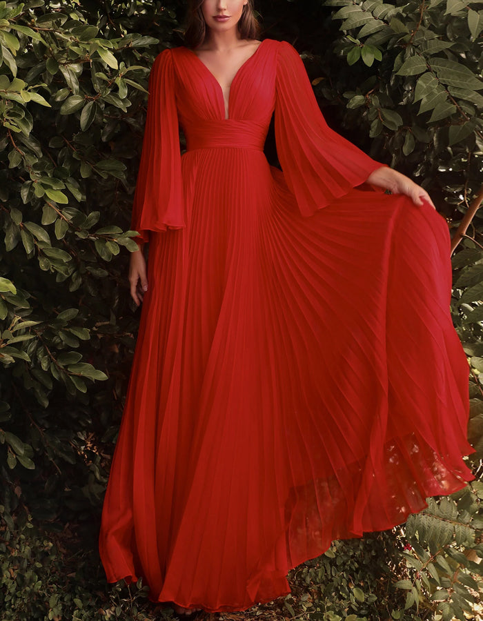 Solid Color V-neck Pleated Flared Sleeves Maxi Dress