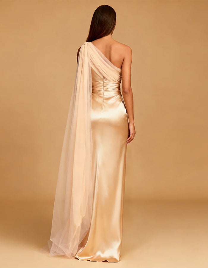 Champagne Satin One-shoulder Ruffled Slit Maxi Dress