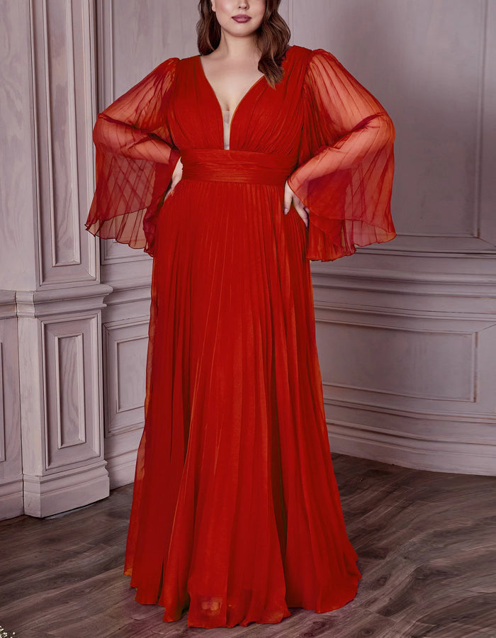 Vestido largo de cuello de pico, color liso, con pliegues y mangas acampanadas