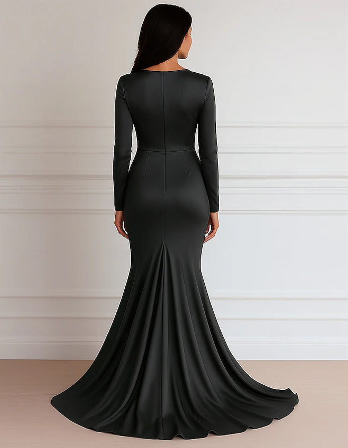 V-neck Mermaid Flare Long Sleeve Satin Maxi Dress