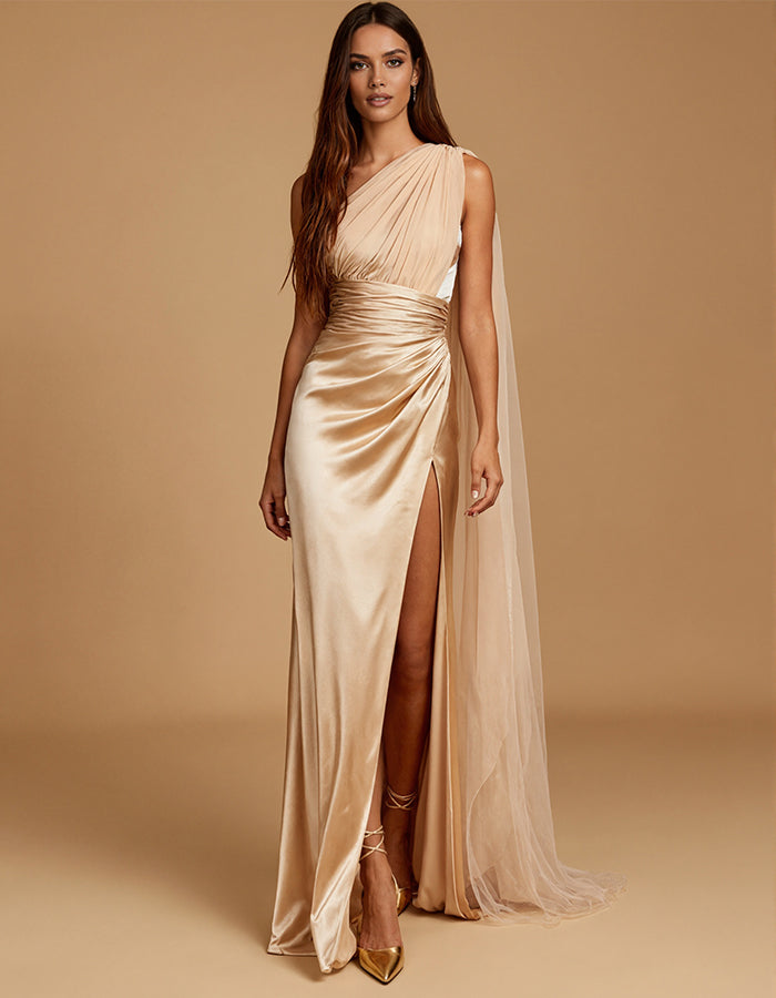 Champagne Satin One-shoulder Ruffled Slit Maxi Dress