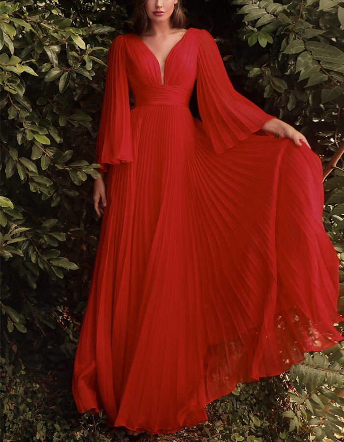 Solid Color V-neck Pleated Flared Sleeves Maxi Dress