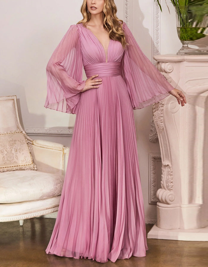 Solid Color V-neck Pleated Flared Sleeves Maxi Dress