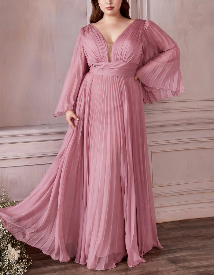 Vestido largo de cuello de pico, color liso, con pliegues y mangas acampanadas