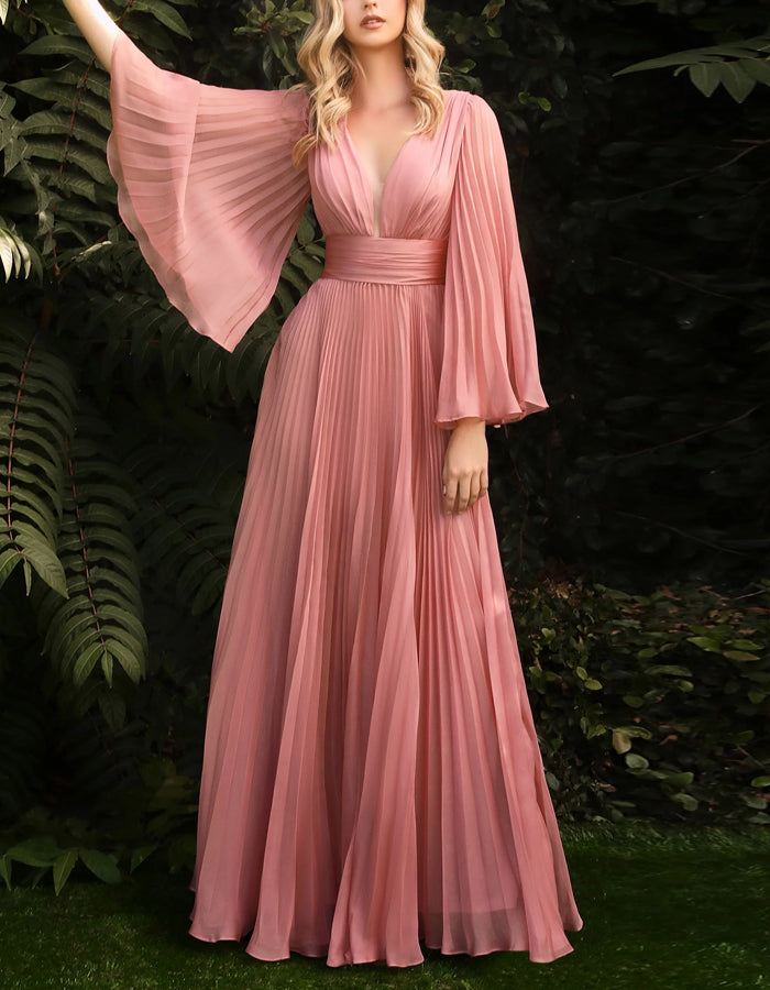 Solid Color V-neck Pleated Flared Sleeves Maxi Dress