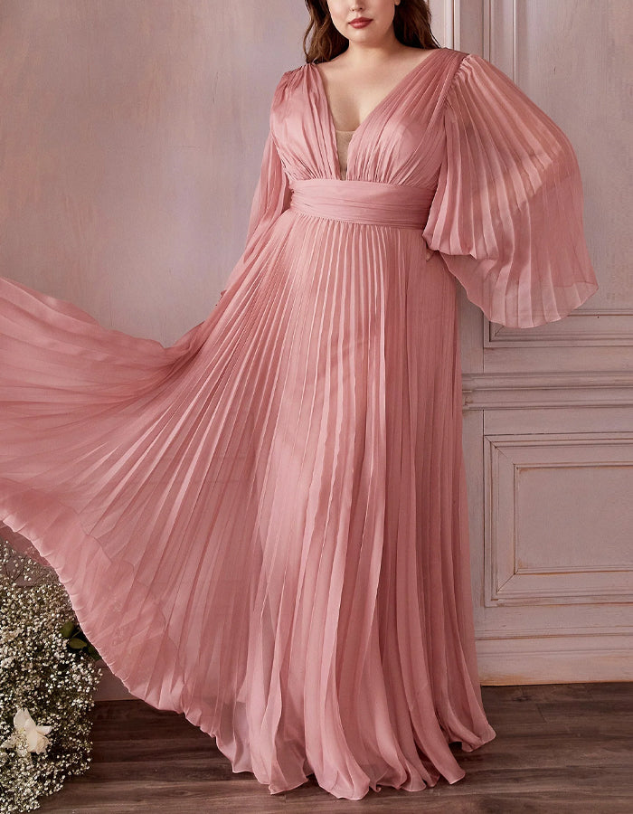 Vestido largo de cuello de pico, color liso, con pliegues y mangas acampanadas