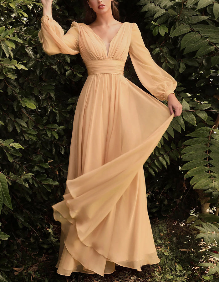 Solid Color V-neck Long-sleeved Chiffon Maxi Dress