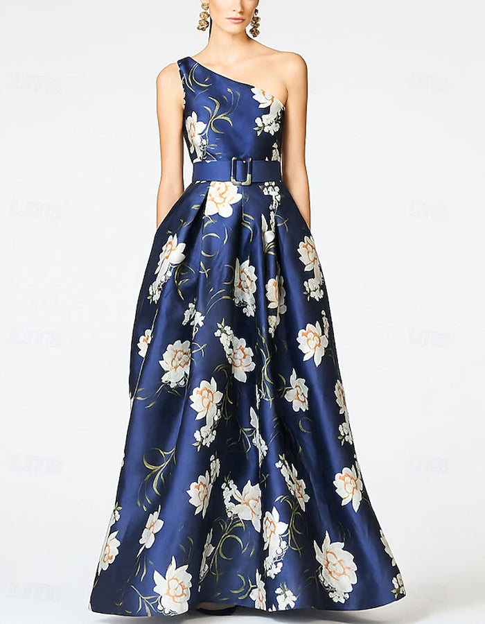 Off-shoulder Satin Print Maxi Dress