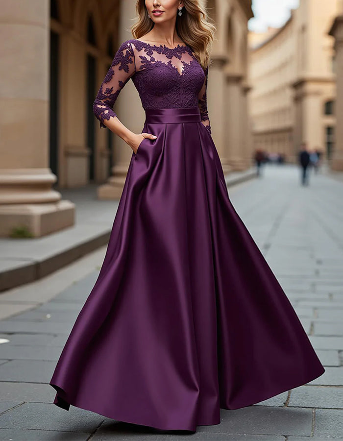 Purple Lace Satin Mother of the Bride Maxi Dress